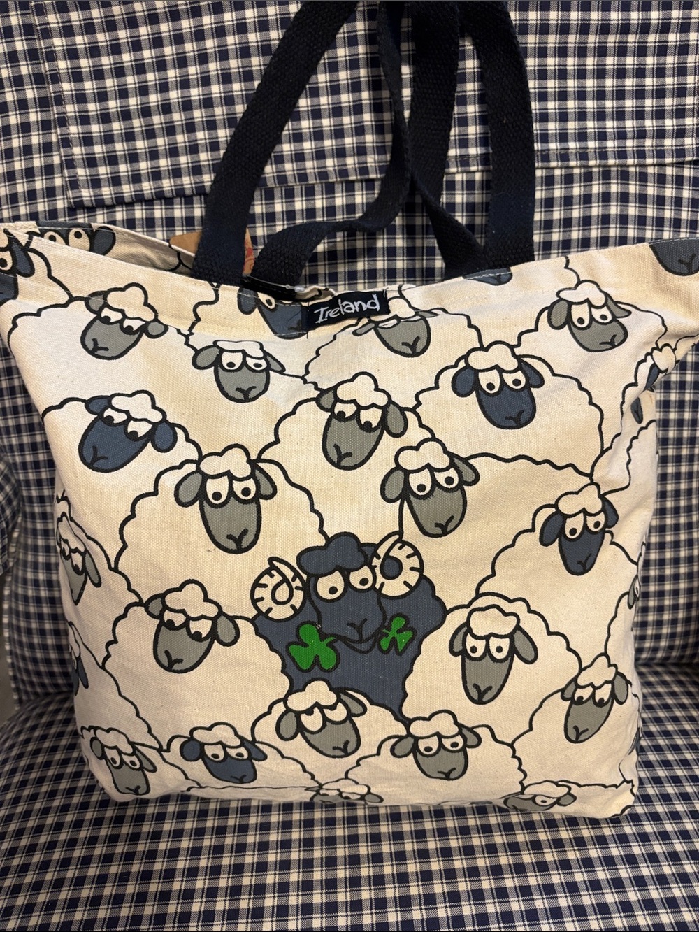 Sheep Paddock Print Canvas Tote Bag in Cream and Navy